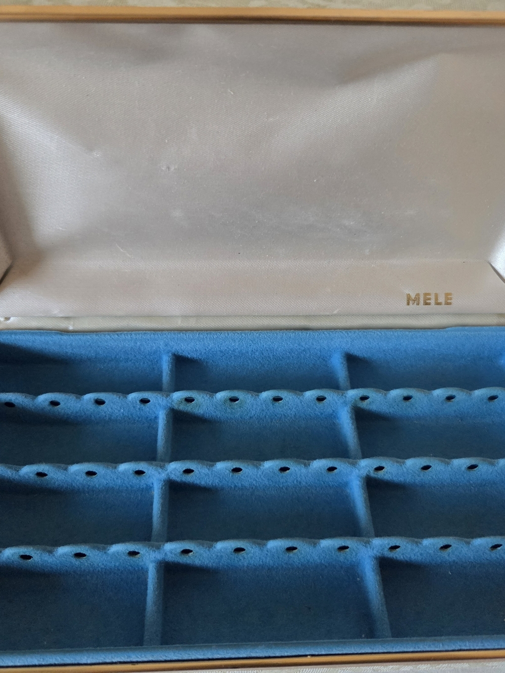 Vintage MELE Ivory Floral Damask Brocade Jewelry Box Blue Velvet Earring Tray